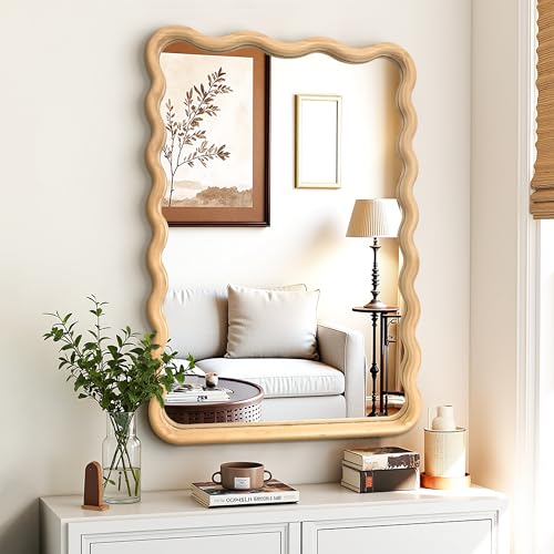 Bathroom Mirror for Wall, 24"x36" Boho Wavy Wood Mirror Large Ful...