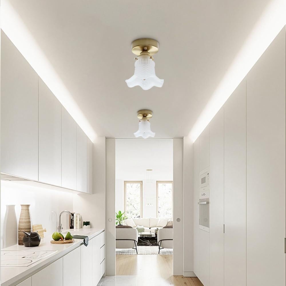 Handmade Glass Shade Hanging Light Fixture Brass Pendant Fitting Height Adjustable Suspension Lights Flower Shape Small Chandelier for Living Room, Bedroom, Study, Corridor