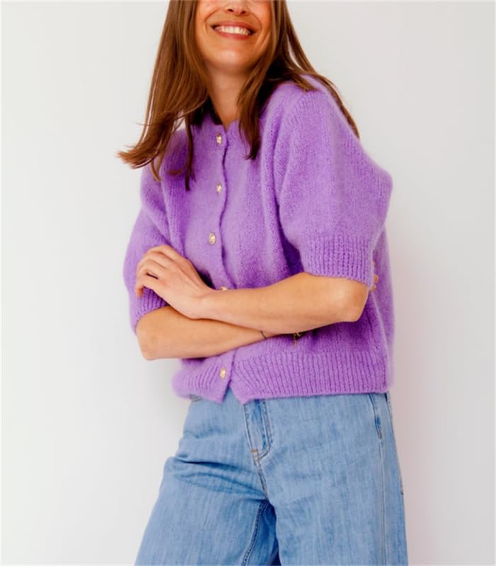 Image of Women Knitted Crop Cardigan Shirt Short Sleeve Button Down Ribbed Knit Crop Top Y2k Girls Outwear Top Tee Shirt