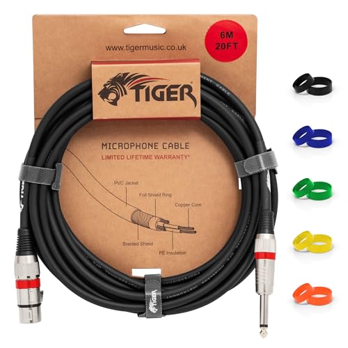 TIGER MIC6-06 Microphone Cable - 6 Metre / 20 Foot Female XLR to 6.35mm / 1/4 Inch Jack - Low-Noise Unbalanced Instrument Cable with Interchangeable Coloured Loops
