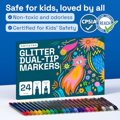 Image of ARTISTRO 24 Sparkly Glitter Dual-Tip Paint Pens - Dazzling Markers with Acrylic Ink for Rock, Ceramic, Wood, Fabric, & More - Brush + Chisel Tips