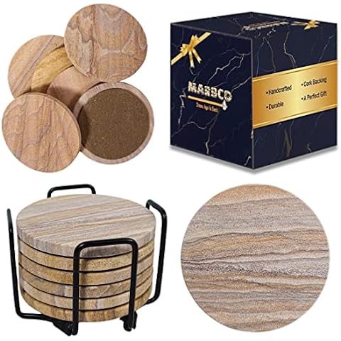 Marbco Sandstone Water Absorbent Hand Crafted Round Coasters for Drinks - 4 Inches Wide Thirsty Stone Bar/Drink Coasters- Made from Rainbow Sandstone (Set of 6 with Holder) Cover