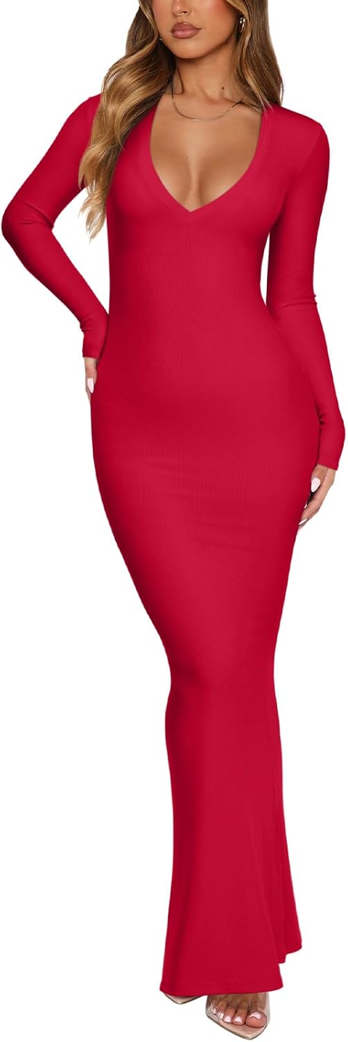 REORIA Women's Maxi Dress Formal Long Sleeve Wedding Guest V Neck Flowy Fishtail Long Dresses Cocktail Night Out Fall Outfits