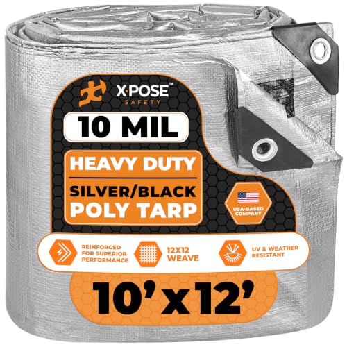 Image of Heavy Duty Poly Tarp - 10' x 12' - 10 Mil Thick Waterproof, UV Blocking Protective Cover - Reversible Silver and Black - Laminated Coating - Grommets - by Xpose Safety