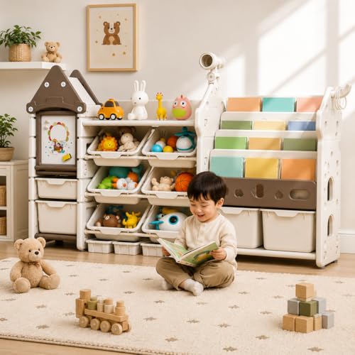 Image of 3in1 Kids Toy Storage Organizer with Bookshelf, Kids Bookshelf with Bins, Montessori Book Shelf, Toy Organizer for Baby Room Children's Books Toy Rack Nursery & Playroom Storage Organizer