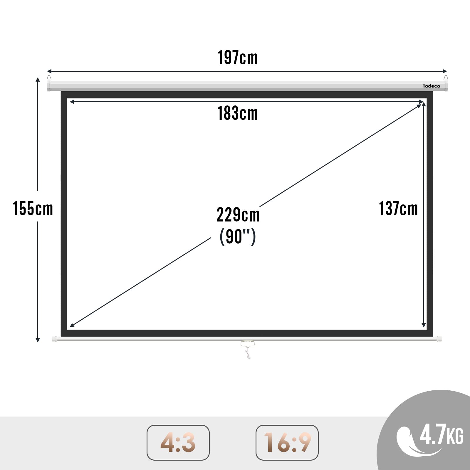 Todeco Écran de Projection 90 Pouces Manuel Enroulable Fixation Mur Plafond Home Cinéma 4:3 HD 4K 3D