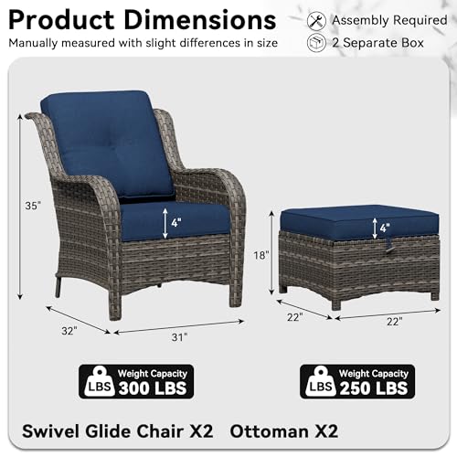 Image of 4 Piece Outdoor Wicker Patio Furniture Set, Patio Chairs Set with Thickened Olefin Cushions, High Back and Deep Seating, Hand-Woven PE Rattan, Ottoman for Porch, Deck, Blue