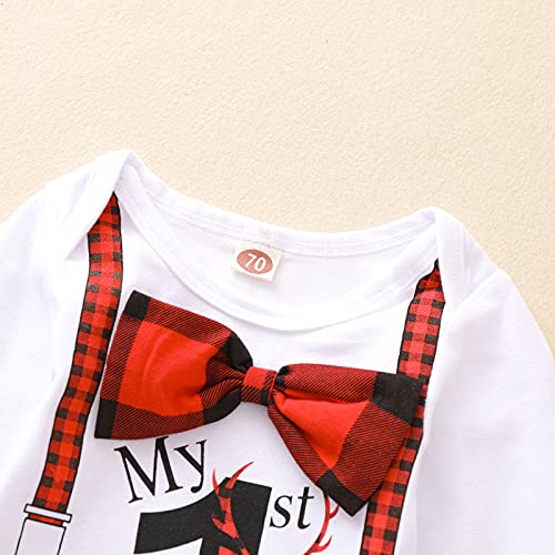Verve Jelly 3Pcs Pasgeboren Baby Meisjes Jongens Mijn 1st Kerst Romper Vlinderdas Brief Print Bodysuit Plaid Lange Broek Hoed Kerst Outfits Set - Afbeelding 5