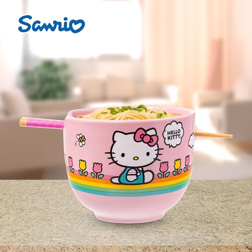 Image of Silver Buffalo Sanrio Hello Kitty Spring, Ramen Bowl with Chopsticks, 20oz | Summer Flowers, Rainbow Stripes, Ceramic, Noodle Rice, Microwave Safe, 0.59 Liters