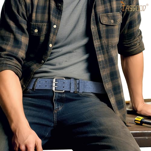 Image of JASGOOD Men Double Prong PU Leather Belt Casual Work Heavy Duty Belt Double Grommet Holes Belt for Jeans