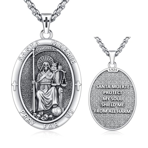 Lfkk Santa Muerte Necklace 925 Sterling Silver Grim Reaper Medal Retro Death Medalla De La Santa Muerte Pendant Mens Religious Protection Jewelry Gifts with 22+2 Rolo Chain