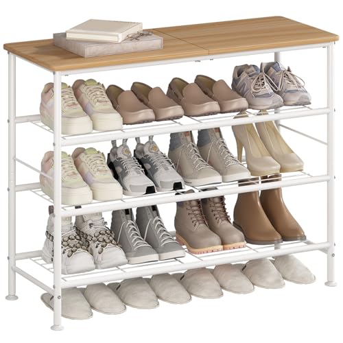 Image of SUOERNUO Shoe Rack Organizer 4 Tier for Closet Entryway Free Standing Metal Storage Shoe Shelf with MDF Top Board (White + Nordic Walnut, 4 Tier)