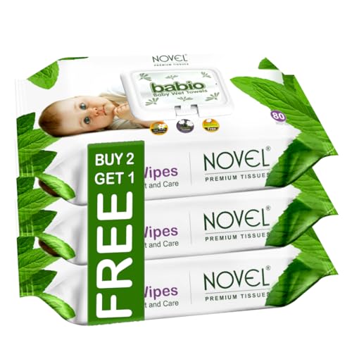 Image of Novel Baby Wet Wipes 80 Wipes x Pack of 27 (240 Wipes) | Aloe Vera, Chamomile, Jojaba Oil, Vitamin E Enriched | pH Balanced, Alcohol, Hypoallergenic & Paraben-Free | Extra Thick & Moist wet | Anti Rash Soft Gentle Baby Wipes with Lid