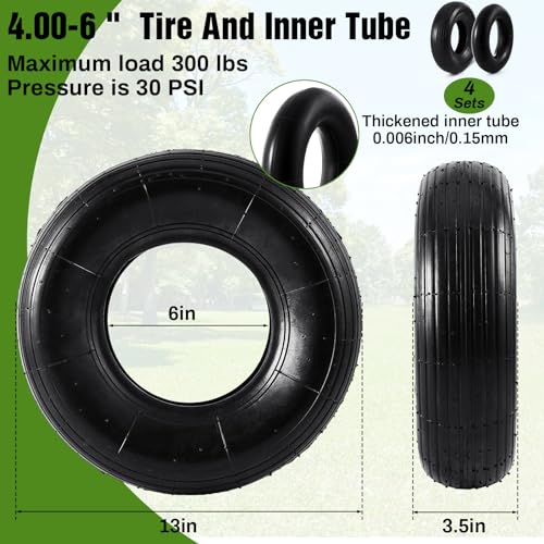 Image of 4 Sets 13'' 4.00-6 Replacement Tire and Inner Tube Set Heavy Duty 4.00-6 Tire and Wheel with TR13 Straight Valve Stem and Ribbed Treads, for Wheelbarrow Trolley Garden Wagon Wheels