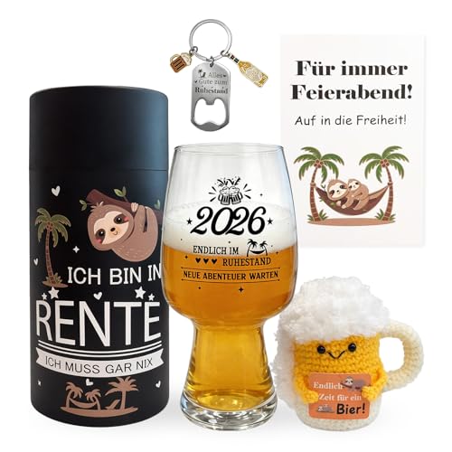 2026 Bierglas Ruhestand Geschenke Mann Biergläser Set mit Karte Schlüsselanhänger Gestricktes Bierglas für Frauen und Männer Renteneintritt Geschenk Männer Rentner Geschenk Mann Geschenke Rente