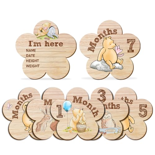 Image of 7Pcs Winnie Baby Monthly Milestone Sign, Baby Stuff for Baby Shower, Double-Sided Printing Months Baby Milestone Wooden Keepsake, Flower Shape Milestone Wooden Stuff for Documenting Growth