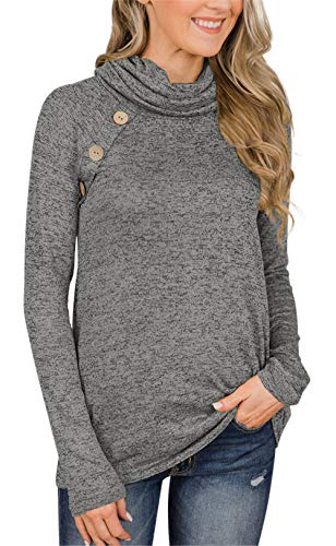 Unidear Womens Cowl Neck Full Long Sleeve Loose Plain Sweatershirt Casual Button Pullover #3 Grey S