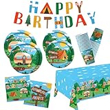 Happy Camper Birthday & Camping Party Decorations Set - Serves 25 with Disposable Plates, Cups, Napkins, Tablecloth & Banner, 1st Birthday, Camping Themed Events & Wedding Parties