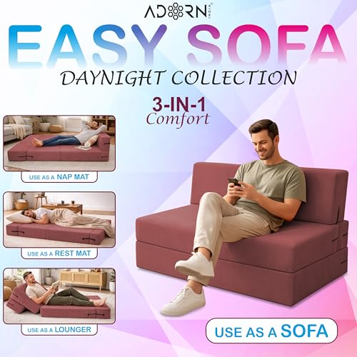 Image of Adorn India Easy 4 Seater Sofa Cum Bed | Velvet Fabric | Pink | Plain Design | 6x6 Ft | Comfortable Seating | Washable Cover | Perfect for Home & Office