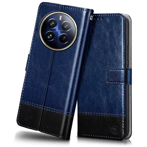 Image of Flipped Vegan Leather Flip Case Back Cover for Realme 12 Pro 5G | Realme 12 Pro Plus 5G (Flexible, Shock Proof | Hand Stitched Leather Finish | Card Pockets Wallet & Stand | Blue with Black)