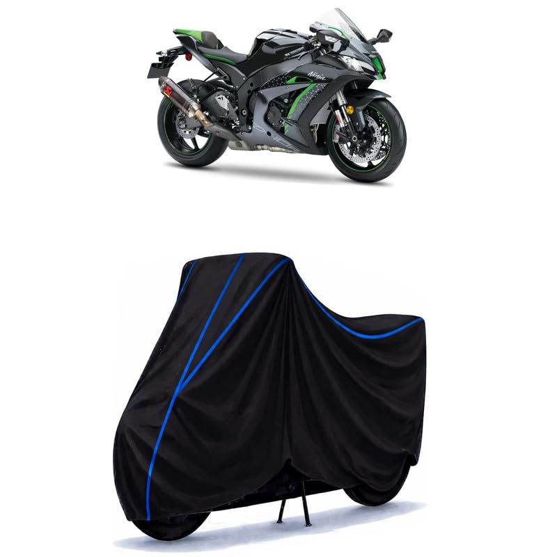 Image of Ninja ZX-10R SE Bike Cover Water Resistant Universal Motorcycle Rain | Heavy Duty UV Protection, Dust, Scratch Indoor Outdoor All Weather with Black Blue Piping Elastic