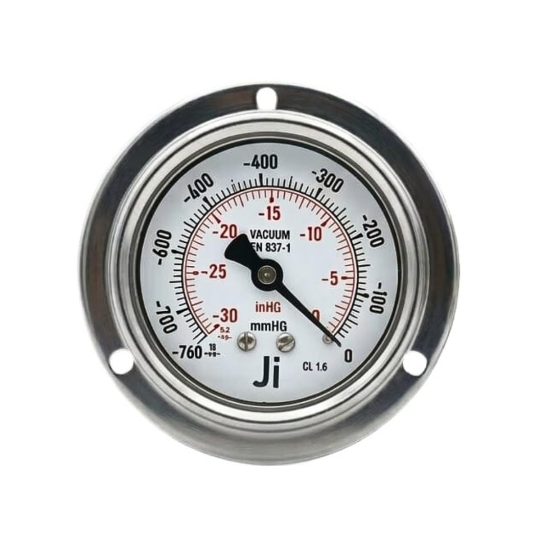"Ji" Japsin Instrumentation Economical Vacuum Gauge Glycerin Filled, 2 1/2" Dial, Range -760 mmHg to 0 with Dual Scale of -30 Inhg to 0, Panel Mounting Back Entry, 1/4" NPT (M) Connection, SS Body-picture-28