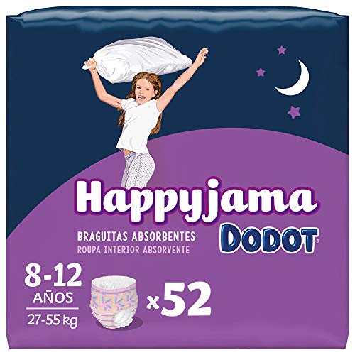 Dodot Pañales HappyJama para Niña 8 -12 Años (27-57 kg), 52 Unidades, Pañal con Protección Anti-Fugas Durante la Noche