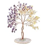 mookaitedecor albero decorativo con ametista curativo e cristallo citrino con base a fetta di agata, regalo in pietra albero fortunato per le donne feng shui ufficio decorazione per la casa