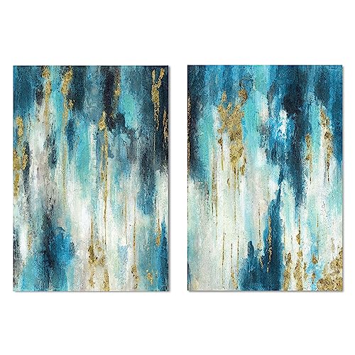 Blue And Gold Wall Decor Set Teal Abstract Painting Canvas