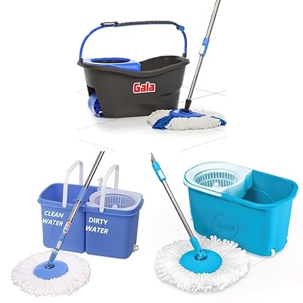 Gala Turbo Spin Mop (Grey and Blue), 4 Pcs & e-Quick Mopping Set (White and Blue) & Twin Bucket Spin Mop, 2 Microfiber Refills, Floor Cleaning Mop Stick (White and Blue)