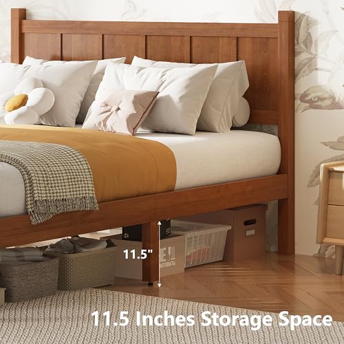 Image of Full Size Vintage Bed Frame with Headboard, Farmhouse Wooden Platform Bed with Under-Bed Storage, Minimalist Modern Wood Grain Finish Bedframe for Bedroom (Light Walnut)
