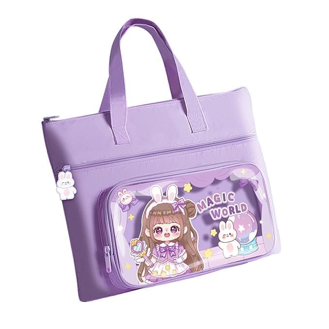 Image of Print Delight Handbag /Tutor Bag for Girls, Test Paper Book Storage Bag Kids Handmade Art Supplies Bags Thick Waterproof Portable Storage Bags for Kids (Purple Magic World Pouch Bag)