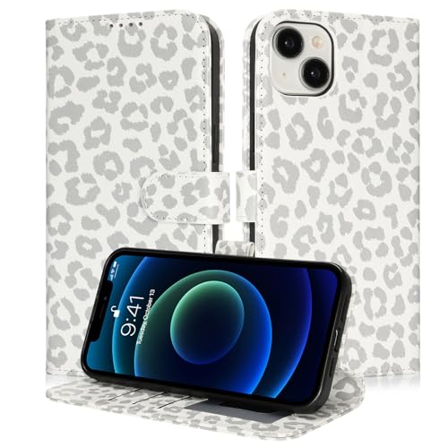 Image of for iPhone 13 Mini Case Wallet with Card Holder,for iPhone 13 Mini Wallet Case for Women Men,PU Leather Shockproof Magnetic Buckle Stand Flip Phone Case-White Leopard
