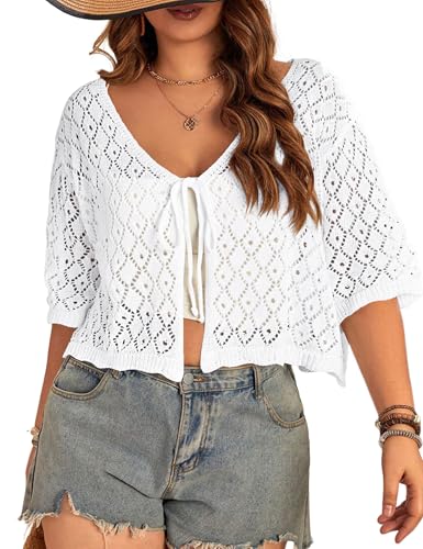 Image of Women's Plus Size Crochet Cardigan Crop Short Sleeves Tie Front Lightweight Knitwear