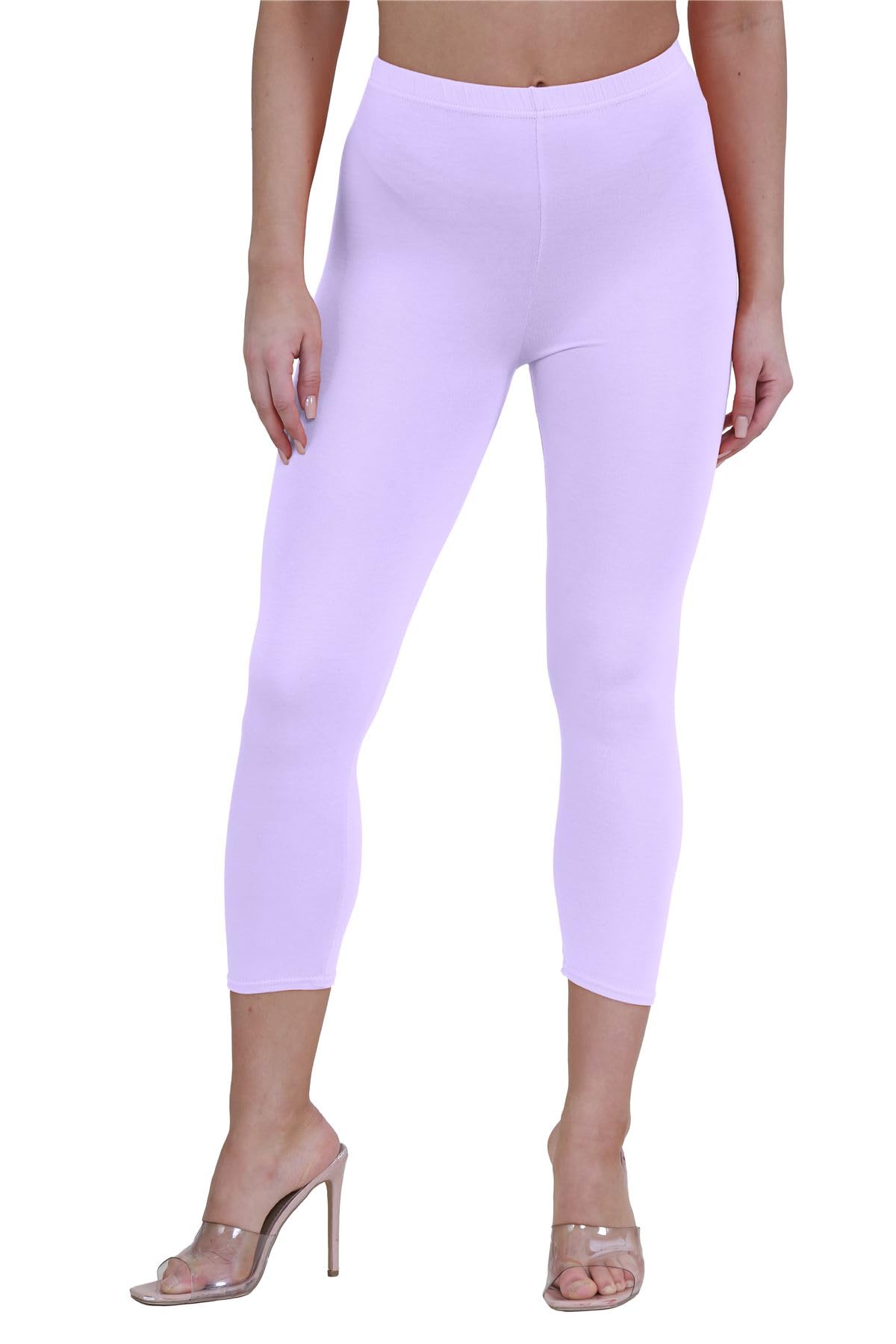 Janisramone Women's Lilac New Plain Stretchy 3/4 Leggings Workout Tight Gym Cropped Capri Active Pants