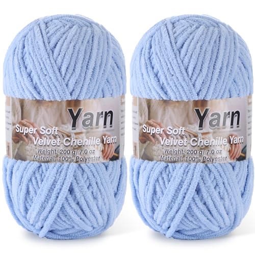 Image of 2 * 200g /7oz Chunky Chenille Yarn for Baby Blanket Yarn for Crocheting - Super Soft Chenille Plush Yarn - Bulk Thick Yarns Used for Making Scarves, Blankets, DIY Craft (Bule)