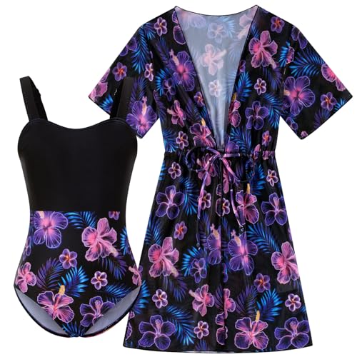 Image of Funnycokid Girls Bathing Suits One Piece Swimsuit with Cover Up Kids Swim Suit Size 8-16