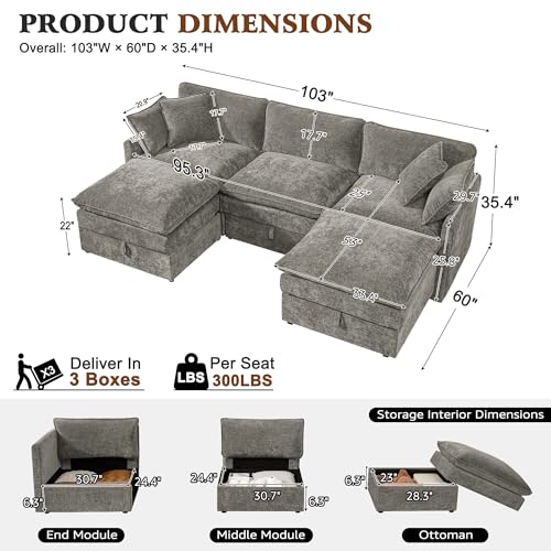 Image of Ihanherry 103 inch Modular Sectional Sofa with Storage, U Shaped Cloud Couch with Movable Ottomans & 4 Pillows, Chenille Deep Seat Sectional Couches for Living Room, Apartment (Grey)