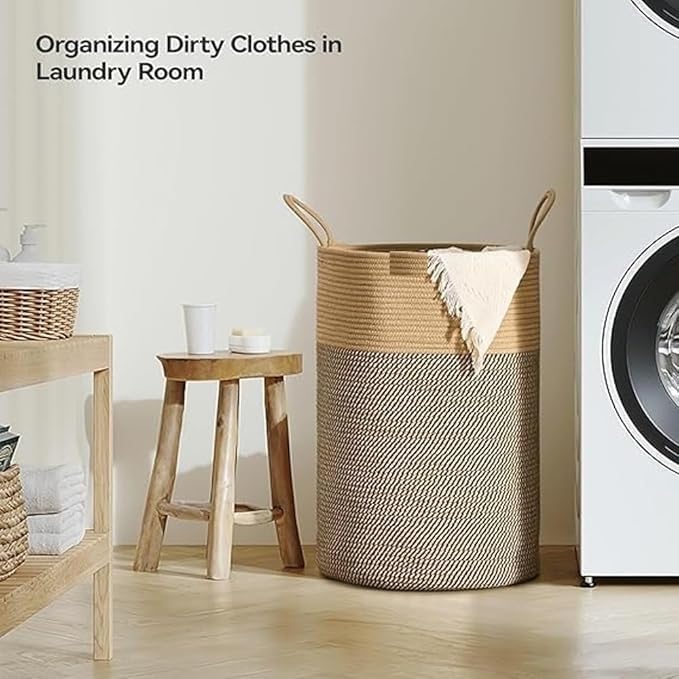 Image of Laundry Basket for Clothes | Large Cotton Rope Basket | Foldable Laundry Hamper with Handles | Clothes Storage Basket for Bedroom, Bathroom & Laundry Room | 33 x 33 x 38 cm