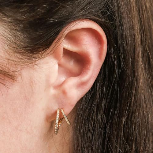 Image of Obidos 14K Gold Plated Illusion Stud Earrings for Women | Triple Huggie Hoop Earrings for One Hole| Trendy Simple Hypoallergenic Fashion Accessories Gold Jewelry Gifts for Womens