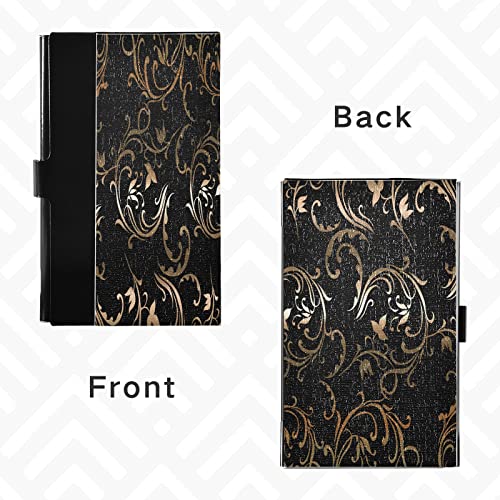 OTVEE Gold on Black Pattern Business Card Holder Wallet Stainless Steel & Leather Pocket Business Card Case Organizer Slim Name Card ID Card Holders Credit Card Wallet Carrier for Women Men4