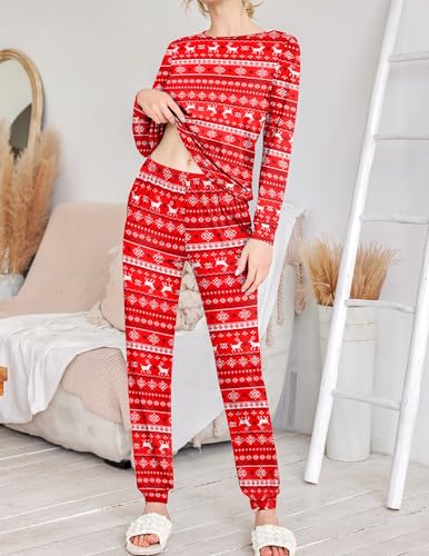 Image of Ekouaer 2 Pack Pajama Sets for Women,Long Sleeve Top With Jogger Pants Lounge Set Sleepwear with Pockets
