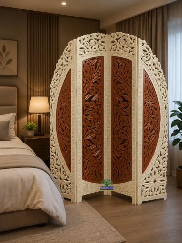 Image of Wooden Room Divider Partition for Living Room | Foldable 4 Panel Decorative Privacy Screen Separator for Home, Office & Bedroom | Modern (Cream & Brown)