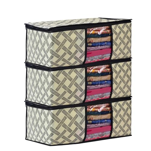 Image of Non-Woven Saree Covers with Zipper and Transparent Window - Clothes Storage Bag for Wardrobe Organization (Yellow Black, PACK OF 3)