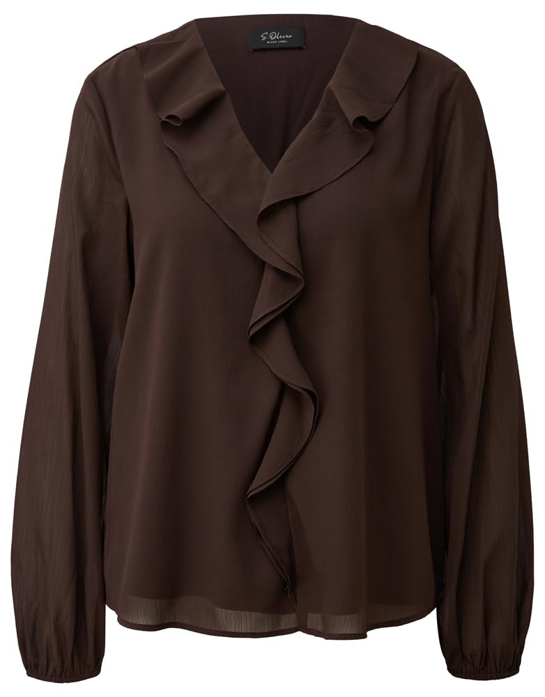 s.Oliver Women's 2183124 Blouse Long Sleeve with Valances, Brown, 10