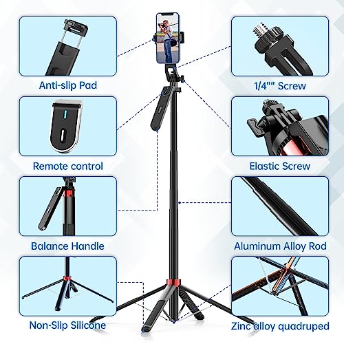 Image of ULANZI MA09 Extendable Phone Tripod, 71 inch Selfie Stick Phone Vlog Tripod Stand Quadrapod with All in 1 Phone Clip, Travel Tripod Phone Holder with Rechargeable Remote for iPhone Sony Canon GoPro | Cell Phone Tripod Stand w rechargeable remote, Handheld Shooting, 360 Rotating, 1 /4'' Screw for Selfie Video, iPhone Android