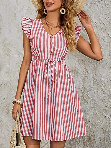 Image of Leriya Fashion Western Dress || Rayon Vertical Striped Printed Dress for Women || Flounce Cap Sleeve | V-Neck | Drawstring Waist Flared Dress || Summer Short Dresses for Women.