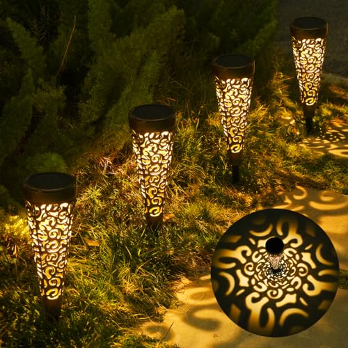 Bonsery Lampy solarne do użytku na zewnątrz, 4 sztuki, IP65, wodoszczelne lampy solarne do ogrodu z ostrzem do wbijania w ziemię, lampy solarne do ogrodu, na balkon, taras, trawnik, dekoracja (brązowe