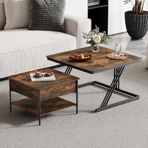 TOTEBOX Set of 2 Square Stacking Coffee Tables, Lift Up Coffee Table with Concealed Storage Compartment, Open Shelf and Metal Frame, Retro Style Nest of Tables for Living Area