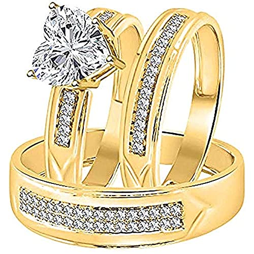 Stunning Heart Shaped 2.80cttw Cubic Zirconia CZ Engagement Ring Trio Bridal Set for Him & Her 14k Yellow Gold Over .925 Sterling Silver